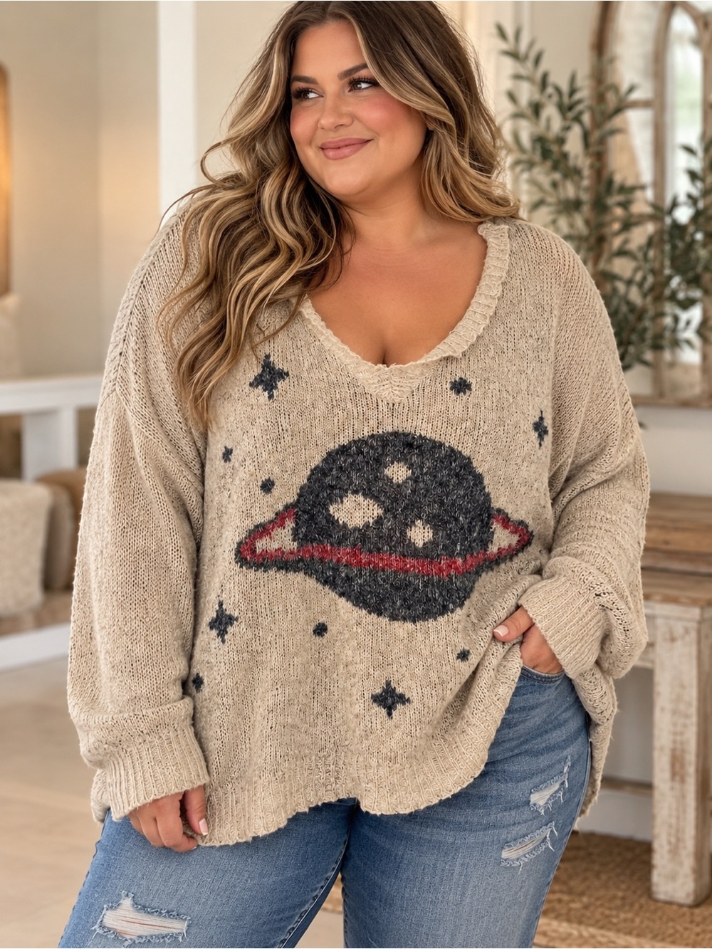 Modcloth Beige Planet Graphic V-Neck sweater 1x Novelty Celestial